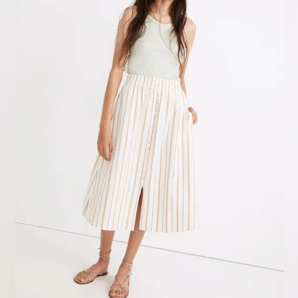 Madewell Linen-Cotton Smocked-Waist Button-Front Midi Skirt Size Medium